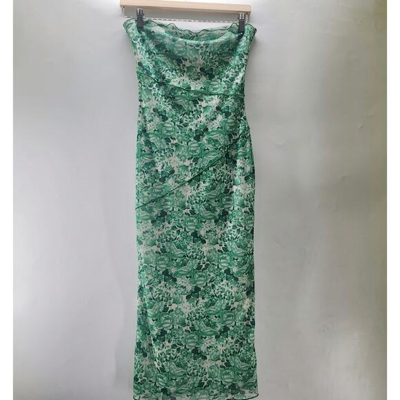 Showpo Brunetta Strapless Bodycon Midi Dress 4 Green Floral Summer Boho Luxe - Picture 6 of 12